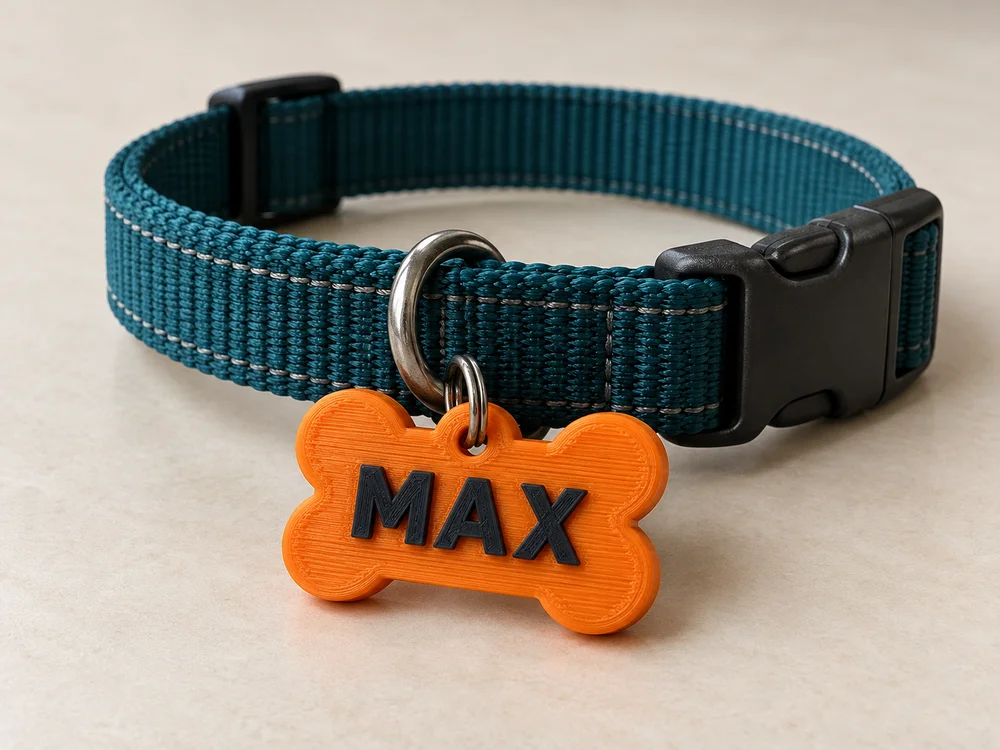 AI-generated realistic illustration of a dog name tag