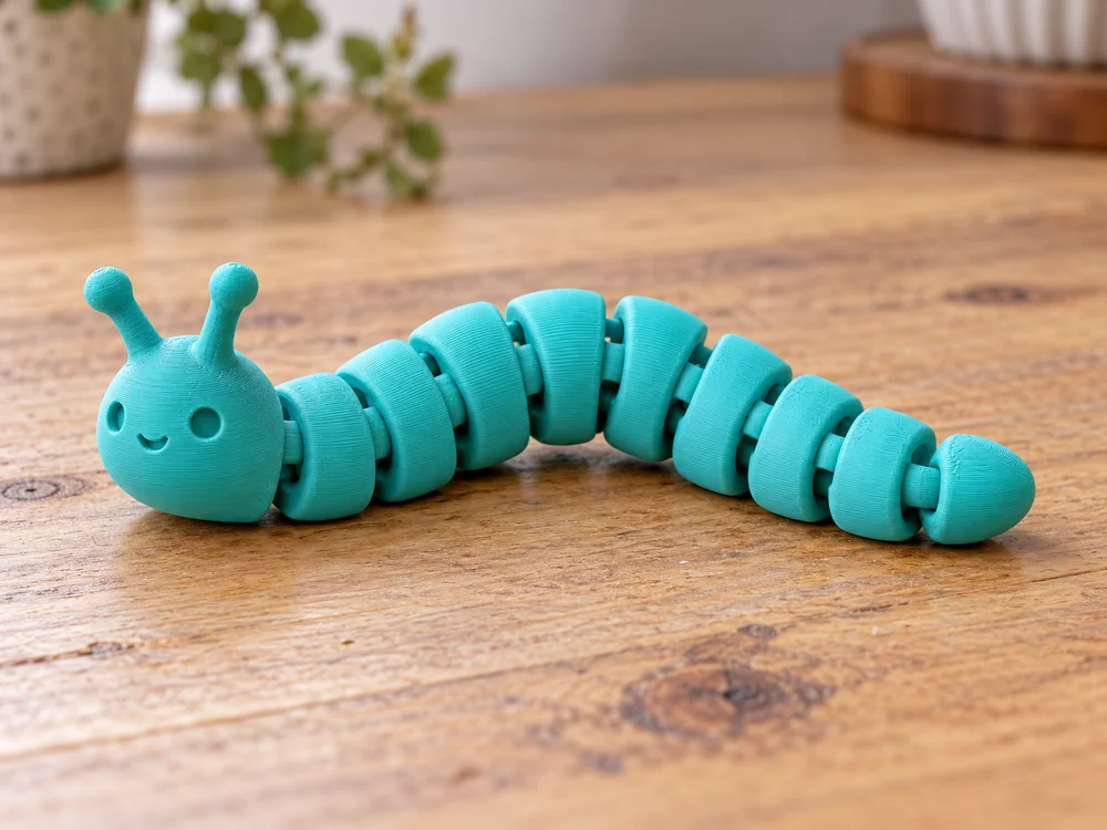AI-generated realistic illustration of a 3D printed articulated fidget slug