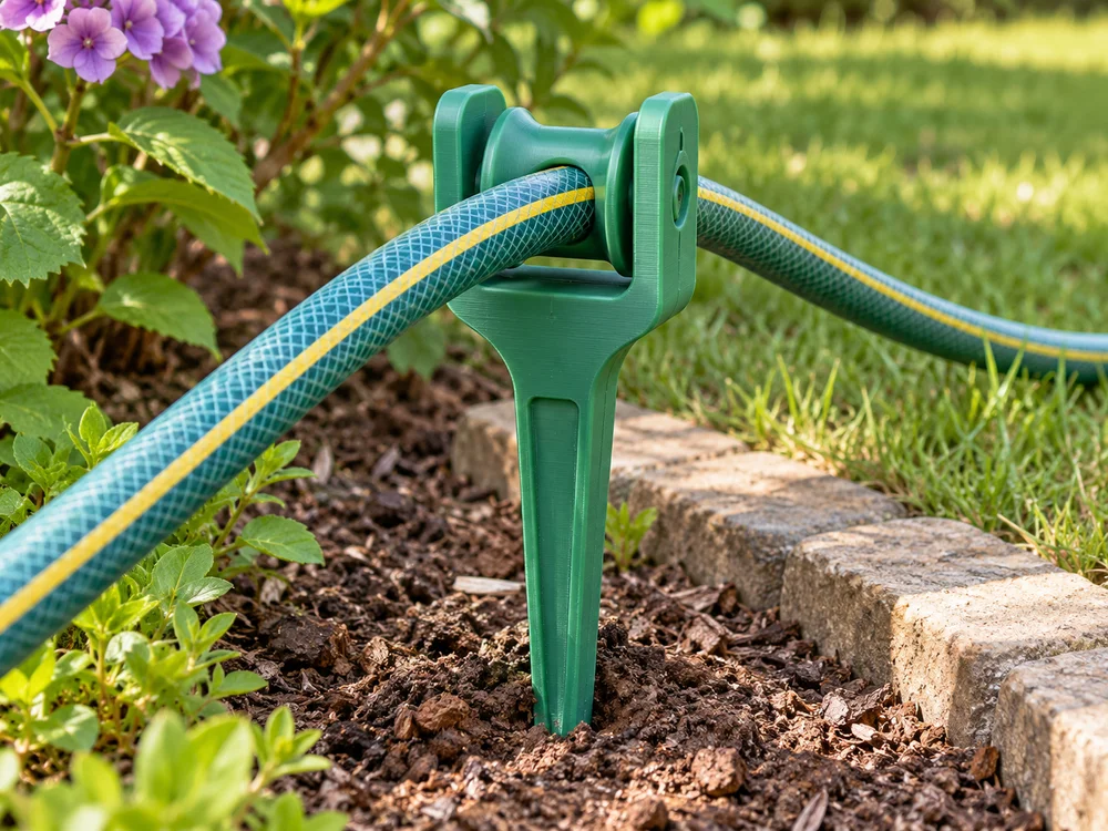 AI-generated realistic illustration of a 3D printed garden hose guide