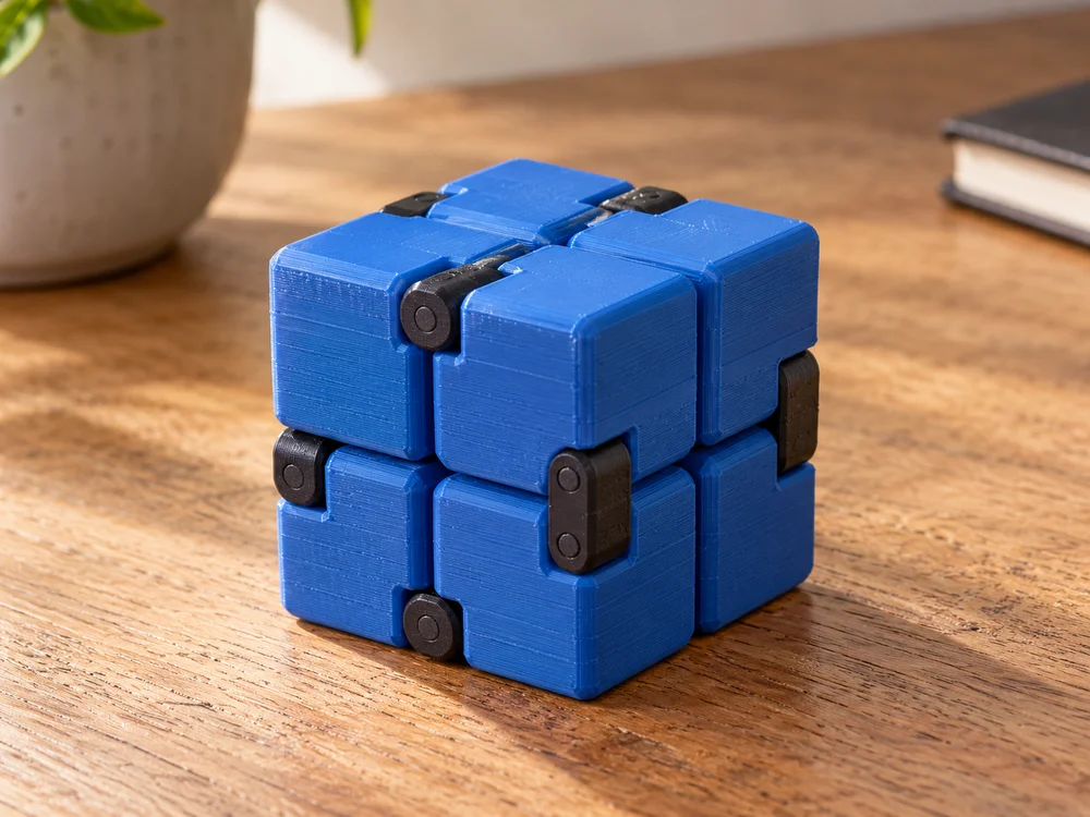 AI-generated realistic illustration of a 3D printed infinity cube