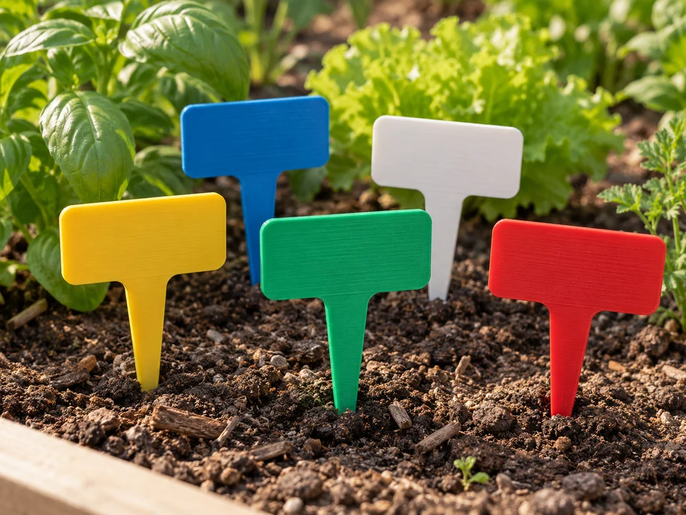 AI-generated realistic illustration of a 3D printed plant labels