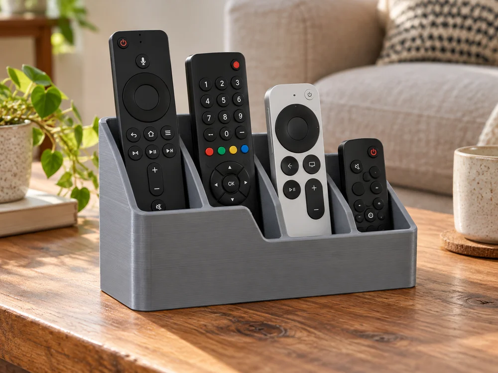 AI-generated realistic illustration of a 3D printed remote organiser